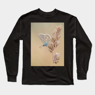 Common Blue Butterfly on a Grass Stalk Long Sleeve T-Shirt